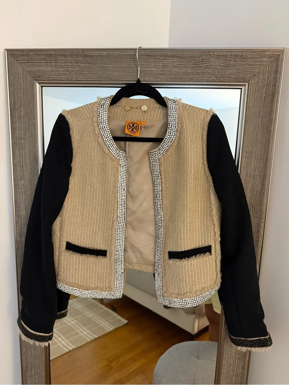 Tory Burch Two-Tone Wool Tweed Jacket in Beige and Black